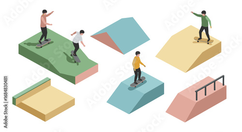 Isometric skateboarders on colorful ramps engaging in dynamic moves