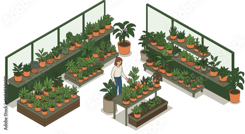 Woman in greenhouse shop surrounded by lush potted plants isometric design