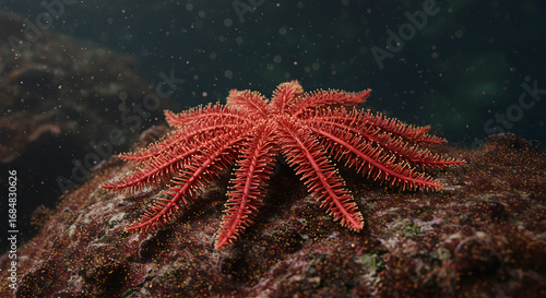Vibrant red starfish with multiple arms gracefully spread across a textured rock in the ocean depths, showcasing marine life in its natural habitat