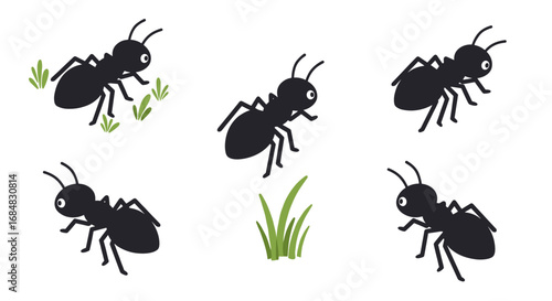 Cute cartoon ants and grass elements in minimalist style