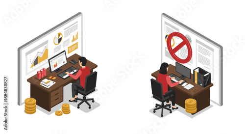 Isometric business success and failure concepts with office workspaces and graphs