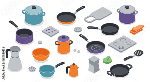 Isometric kitchenware collection: diverse cookware and utensils in modern style