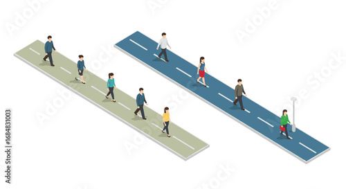 Isometric city walkway with people strolling on pedestrian path and sidewalk