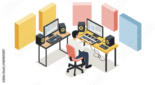 Creative isometric home music studio with modern equipment and acoustic panels