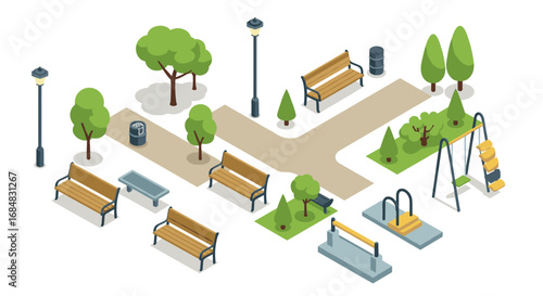 Isometric park scene with benches, trees, and playground equipment on white background