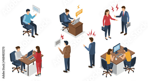 Isometric business people collaborating in office settings