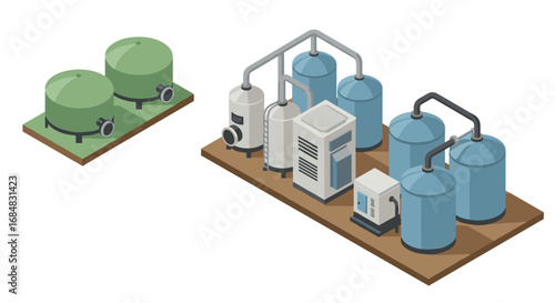 Isometric industrial equipment set featuring water treatment tanks and pipelines
