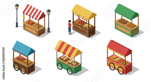 Isometric market stalls with colorful awnings and fresh goods displayed