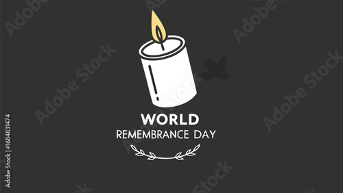 World Remembrance Day: Minimalist Vector Illustration of a Tilted Candle Flame, Symbolic of Remembrance and Loss, Dark Background, Simple Line Art Style, Somber Mood.