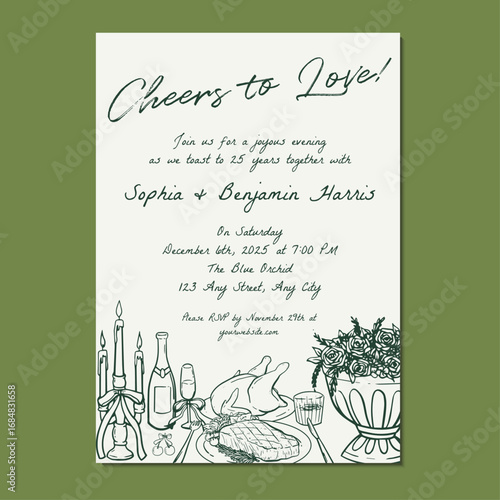 Anniversary dinner invitation template with hand-drawn foods and table settings. Vector illustration green hand drawn anniversary dinner invitation template.