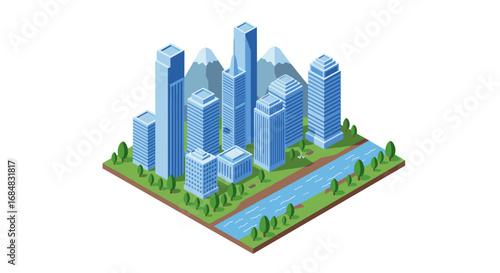 Isometric cityscape with skyscrapers, river, and mountains in modern design