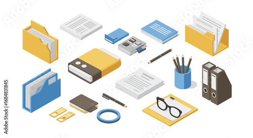 Isometric office supplies collection: organized work essentials in blue and yellow