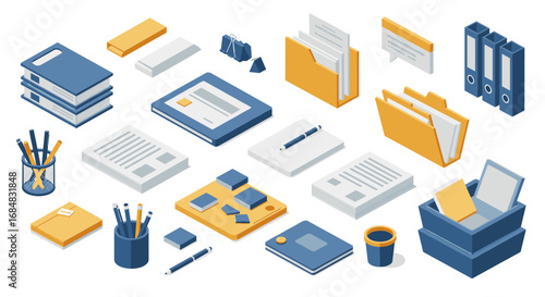 Isometric office supplies: organized workspace essentials in blue and yellow