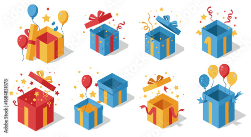 Colorful gift boxes with balloons and confetti in isometric style