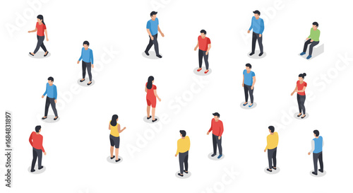 Diverse group of people walking in isometric style on white background