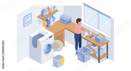 Modern isometric laundry room interior with organized shelves and washing machine