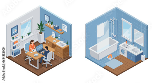 Modern home office and bathroom isometric design for interior inspiration