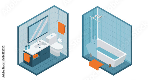 Modern isometric bathroom design with vanity and bathtub in blue and orange palette