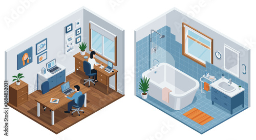 Isometric home office and bathroom design with modern furniture and decor