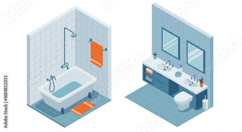 Isometric modern bathroom interior with bathtub, vanity, and tile accents