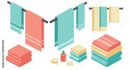Colorful isometric towels and bathroom accessories on white background