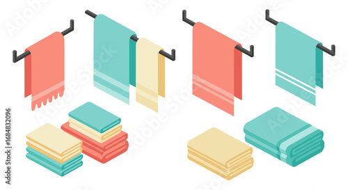 Colorful isometric towel arrangements on bars and stacks in pastel hues