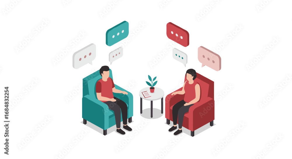 Obraz premium Isometric chatting illustration with two people in armchairs sharing messages