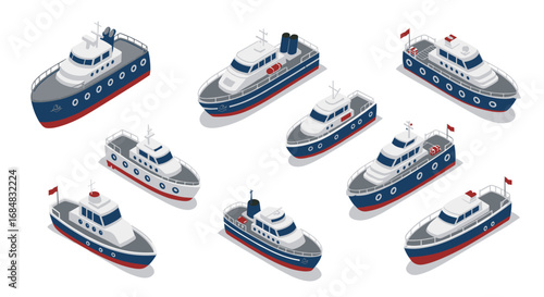 Isometric collection of nautical passenger boats with red and blue accents