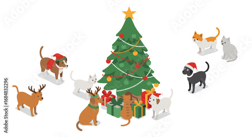 Festive christmas tree with curious pets and colorful gifts in charming isometric style