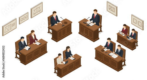 Isometric courtroom scene with lawyers and judge in judicial setting