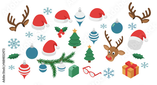 Festive christmas icons with santa hats, reindeer, and ornaments in isometric style