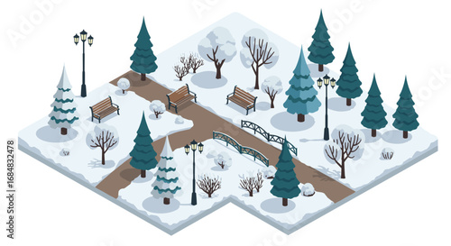 Winter isometric park scene with snow-covered trees and benches