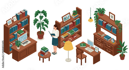 Cozy home office library with isometric bookshelves and desk setup