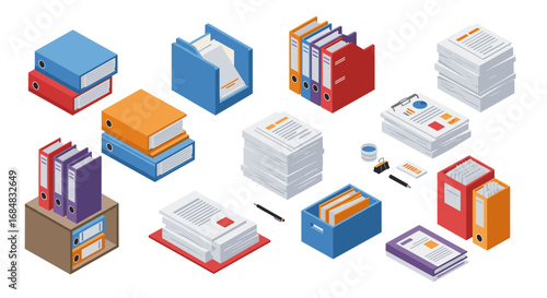 Isometric office supplies collection featuring folders, binders, and documents