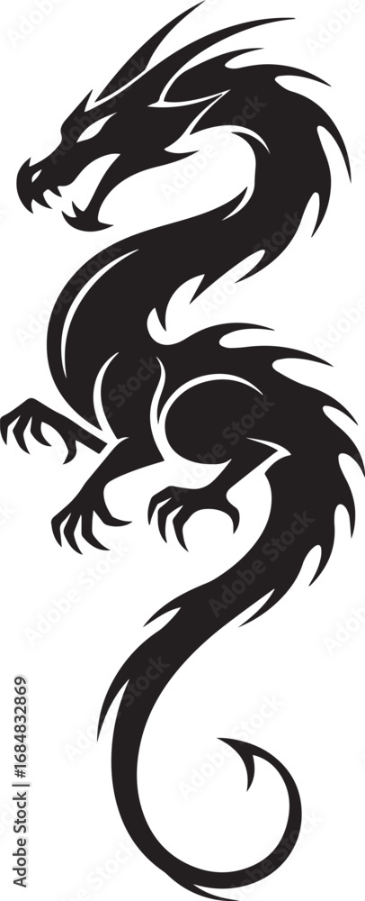 Obraz premium Tribal dragon vector in Asian and Polynesian tattoo style. Bold lines, fierce silhouette. Ideal for fantasy art, body art, emblems. Scalable and editable for creative use