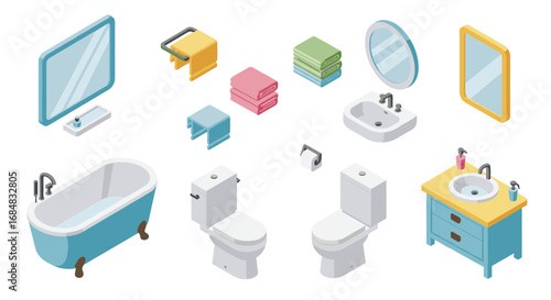 Isometric bathroom elements with tubs, sinks, toilets, and mirrors