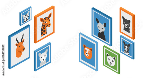 Colorful isometric portraits of cartoon animals in frames
