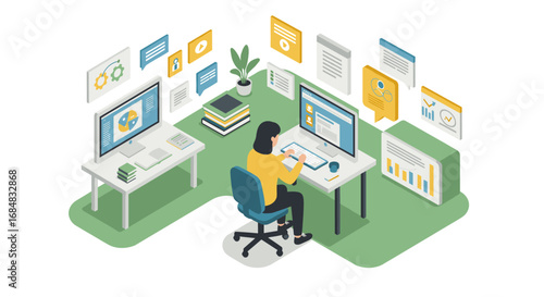 Isometric office workspace for remote work with digital tools and analytics displays