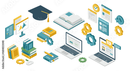 Isometric education technology concepts with laptops and study materials