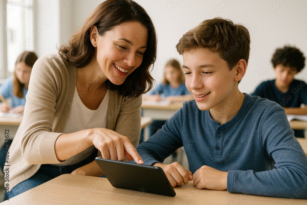 Obraz premium Smiling teacher helping student learn on digital tablet in modern classroom 