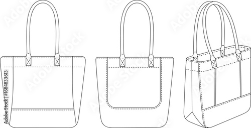 Tote bag vector illustration, fashion accessory outline, shopping bag design, reusable eco bag sketch, minimal line art handbag drawing for branding and design