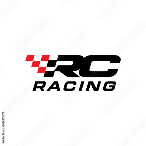 Dynamic RC racing logo with checkered flag for remote control sport branding; professional lettermark for speed-driven
