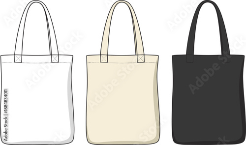 Set of tote bag vector illustrations, eco-friendly shopping bag design, blank fabric bag mockup, reusable cotton tote bag template, fashion accessory design