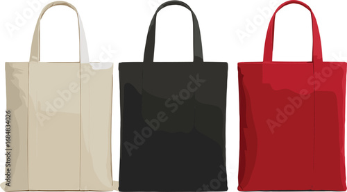 Set of three tote bags in beige, black, and red colors, vector illustration of fashion accessories, reusable shopping eco friendly handbag design.