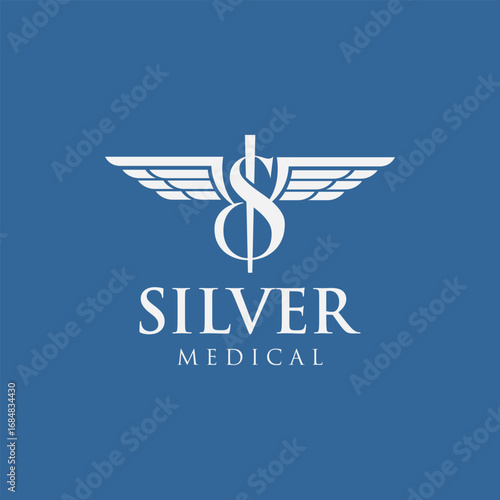 Medical logo with letter S and wings, clean vector design for healthcare, clinic, and pharmaceutical branding.