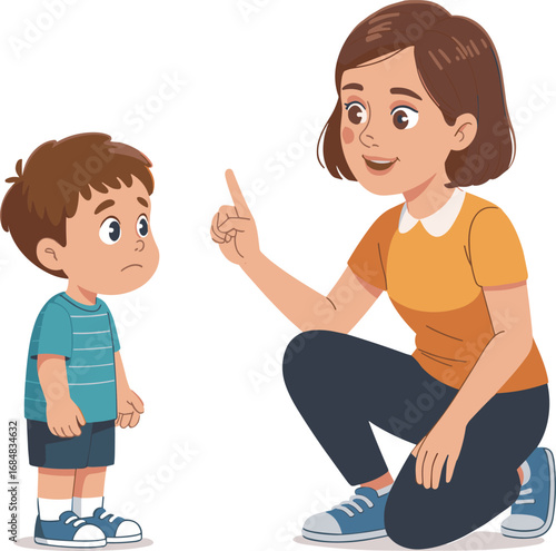 Mother teaching sad child, caring parent explaining lesson, family education concept, woman guiding little boy, parenting advice, emotional support, childhood discipline illustration