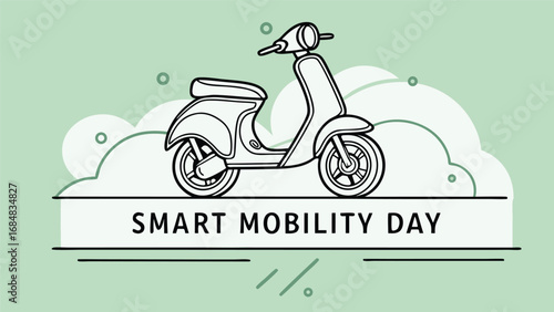 Line art illustration of a modern electric scooter, celebrating Smart Mobility Day, showcasing eco-friendly transportation and sustainable urban commuting solutions for a cleaner future.