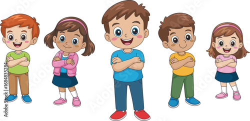 Group of happy cartoon children standing with arms crossed, cute boys and girls vector illustration, smiling kids character design, playful childhood concept