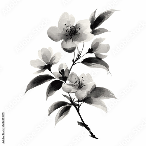 Monochrome Watercolor Painting of Blossom Branch