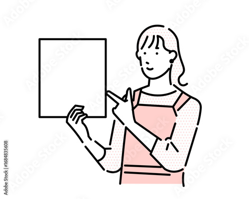 フリップを持ちポイントを指差すエプロンの女性のイラストーシンプル線画イラストベクター素材Illustration of a woman in an apron holding a flip chart and pointing to a key point—simple line art vector illustration